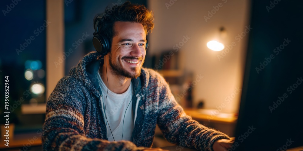 Obraz premium Young man with headphones smiling while using computer in cozy room during night, warm lighting and modern decor create inviting atmosphere