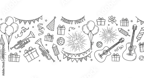 Hand drawn party elements doodle pattern banner illustration.