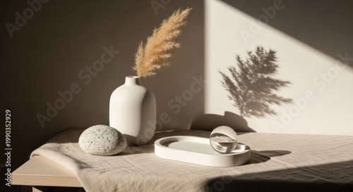 A minimalist still life setup featuring a white vase with a dried plant, a white stone, and a white tray with a small mirror, all placed on a light-colored surface 