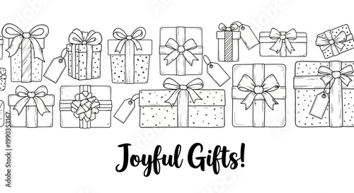Hand Drawn Doodle Gift Boxes Collection with Joyful Gifts Text.