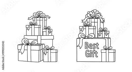 Two stacks of hand drawn gift boxes with ribbons and bows.