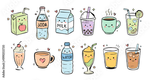 Kawaii Hand Drawn Drink Clipart Set, Cute Doodle Juice Box Milk Soda Bubble Tea and Coffee Illustrations