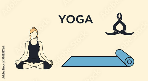 Minimalist Yoga Illustration Set with Woman in Lotus Pose Blue Mat and "YOGA" Text