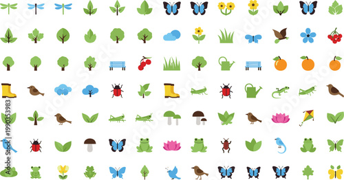 Nature Icon Collection with Plants Animals Insects Trees and Outdoor Elements in Flat Style for Environment Design, Garden Graphics, and Creative Projects.