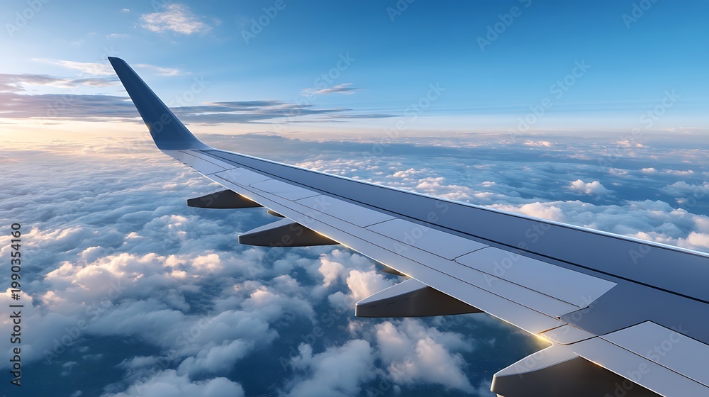 Obraz premium Airplane Wing Over Clouds at Sunrise with Blue Sky and Horizon