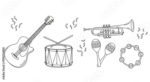Hand drawn musical instruments doodle set.
