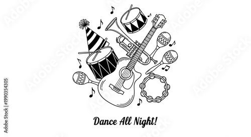 Hand drawn musical instruments illustration with party elements.