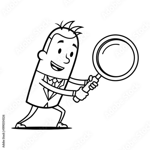Smiling man holding magnifying glass searching investigation