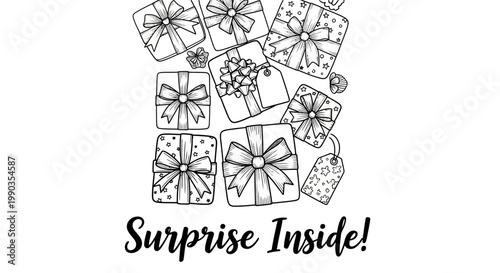 Hand Drawn Collection of Festive Gift Boxes with Bows and Surprise Inside Text.