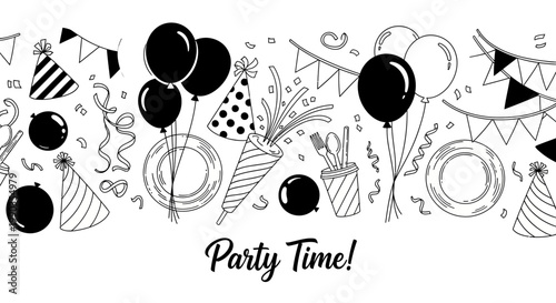 Hand Drawn Party Celebration Doodles with Balloons and Confetti.