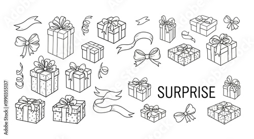 Set of hand drawn gift boxes with ribbons and bows.