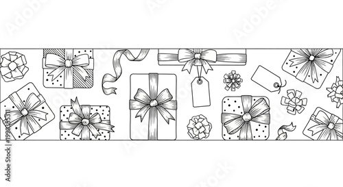 Hand Drawn Collection of Gift Boxes and Ribbons.