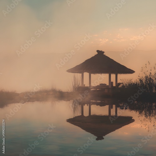 tranquility lake , reflection water, sunrise mist