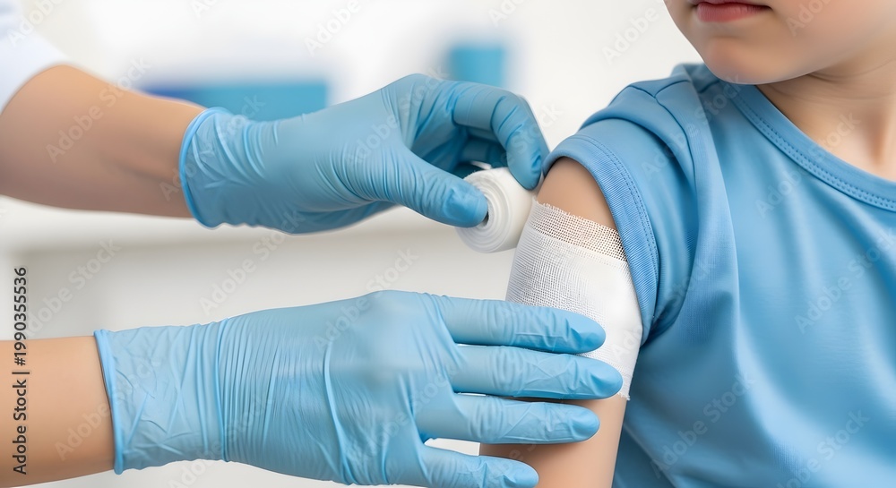 Fototapeta premium Child receiving vaccination a close up view of a healthcare professional administering an injection to a young patient's upper arm