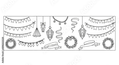 Hand Drawn Festive Party Decorations and Bunting Set.