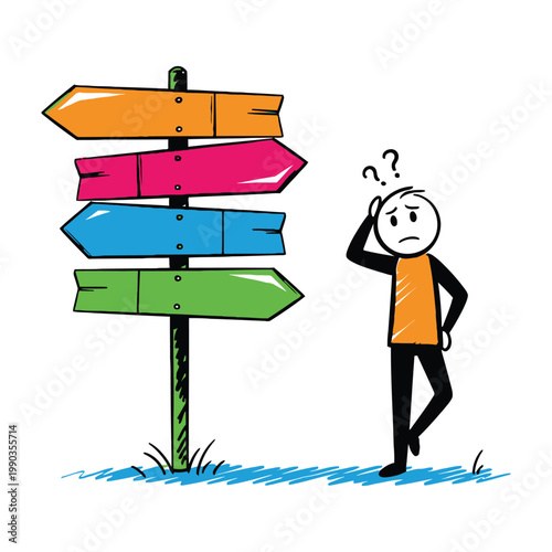 Man confused at crossroads with colorful signpost