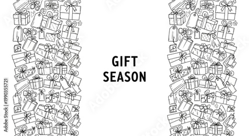 Gift Season Banner With Hand Drawn Gift Box Pattern.