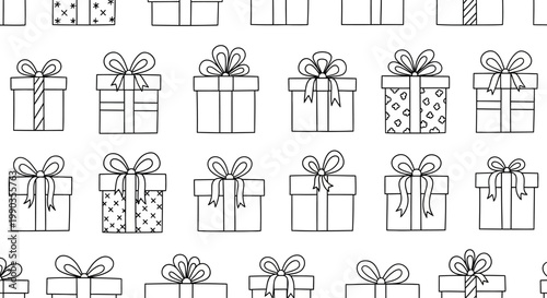 Seamless pattern of hand drawn gift boxes with bows.