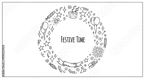 Festive time hand drawn doodle wreath with holiday celebration icons.