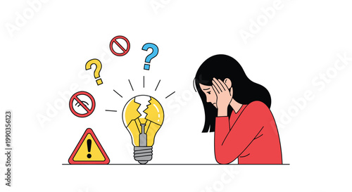 Stressed young woman experiences a creative mental block while sitting at her desk with a broken lightbulb and warning signs.