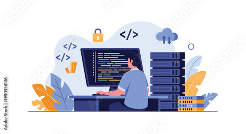 Dedicated backend developer sits at a workstation managing database servers and writing complex code for a secure web platform.
