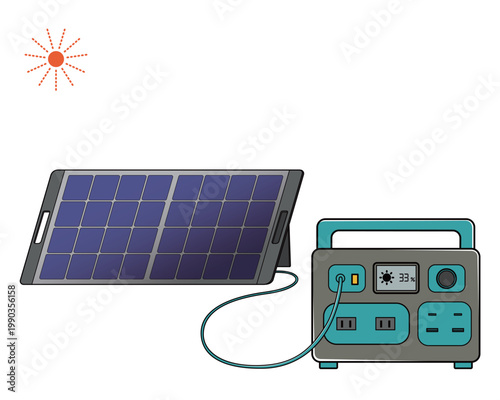 ソーラーパネルを使ってポータブル電源に充電するイメージ図