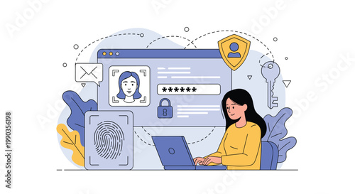 Young woman uses biometric security features like fingerprint and facial recognition to log into her secure laptop computer.