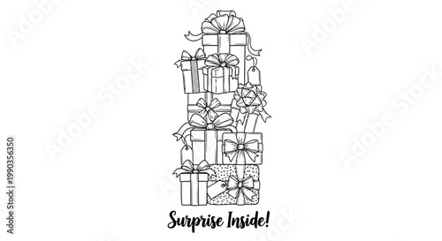 A tall stack of wrapped gift boxes with a bow and the text Surprise Inside.