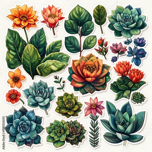 A colorful arrangement of various succulents and flowers