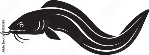 Detailed silhouette of a catfish swimming gracefully, with flowing fins and whiskers, isolated on a white background, representing aquatic life.