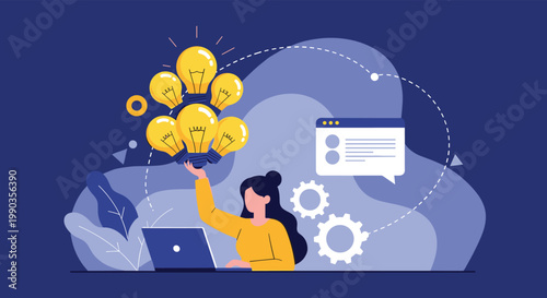 Creative female entrepreneur generates multiple innovative ideas while working on her laptop with glowing lightbulbs overhead.