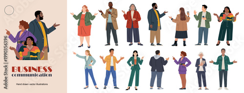 Diverse business people communicating, gesturing and interacting. Full body characters in modern casual outfits. Ideal for teamwork, collaboration, corporate and social concepts.