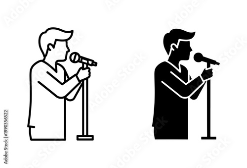 Singer performing with microphone stand icon set