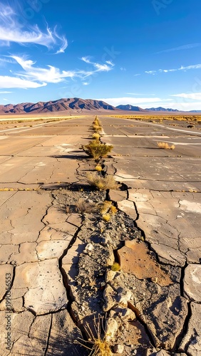 A cracked desert landscape with a mountain range in the background