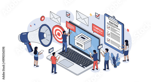 Diverse group of people participates in a digital online election by casting their votes through a secure laptop computer.
