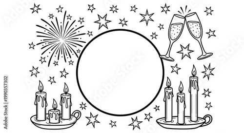 New Years Eve celebration coloring page with fireworks champagne and candles.