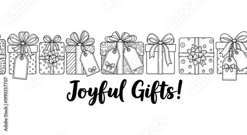 Line art illustration of hand drawn gift boxes with bows and tags.