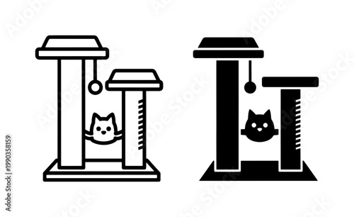 Cat tree icon set with scratching post and hanging toy