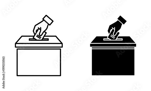 Hand putting paper ballot into voting box icon set