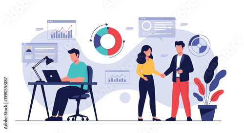 Business partners shake hands to celebrate a successful agreement while an employee works on data analysis in the background.