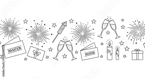 Seamless hand drawn celebration pattern with champagne glasses fireworks and invitations.