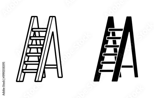 Stepladder Icon Set with Outline and Solid Black Silhouette