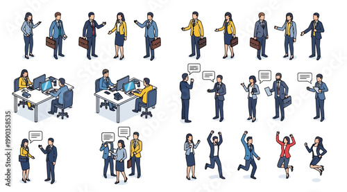 Set of isometric business people characters in office situations