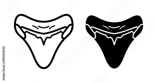 Shark Tooth Fossil Line and Silhouette Icon Set