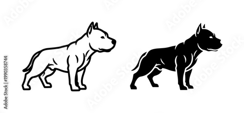 American Pit Bull Terrier Silhouette and Line Art Vector