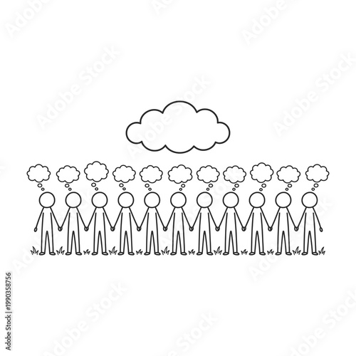 People standing in line under a cloud thinking