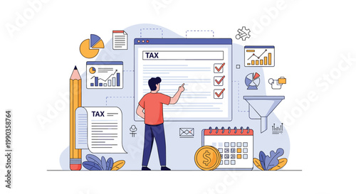Responsible man prepares his annual tax return by reviewing documents with a calendar pencil and financial data on a monitor.