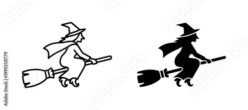 Witch flying on broomstick silhouette and line art icon set