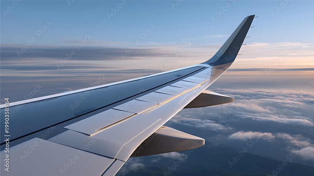 Fototapeta premium Airplane Wing Against Sky with Clouds at Sunrise or Sunset