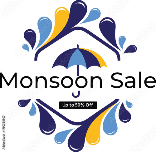 Monsoon Sale Banner Design with Rainy Season Elements